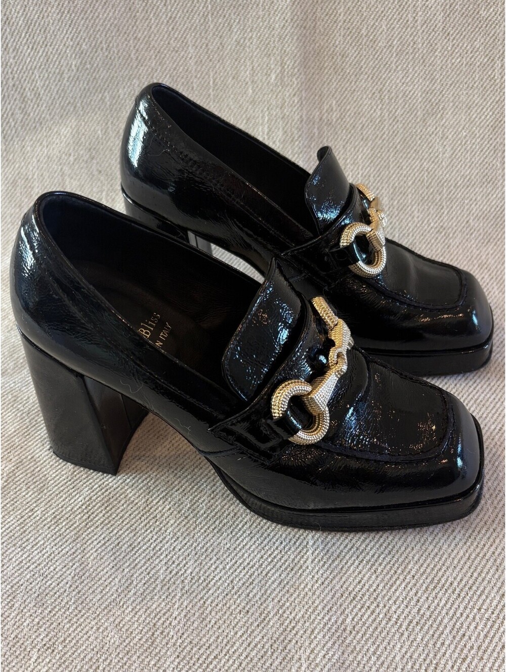 Sole Bliss Genevieve Black Patent Leather Heeled Horsebit Loafers Size 37 US 6